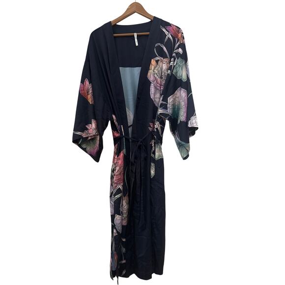 SOMA Intimates Satin Kimono Long Robe Mystical Blooms Rose Navy Women's L/XL - Picture 1 of 6